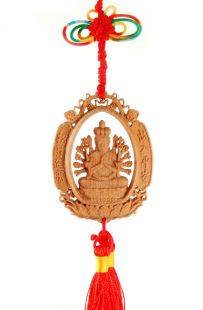 Wooden Carved Deity Charm, 1,000 Arms Avalokiteshvara